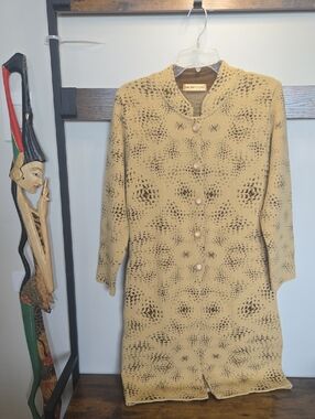 Vtg Gold Monsoon Beige Knit Button-Front Long Sleeve Dress Coat